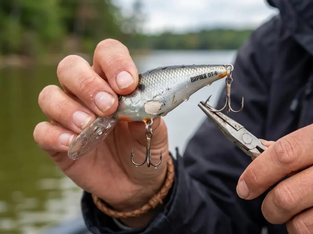 Angler inspecting a crankbait with bent treble hook after freeing it from a snag
