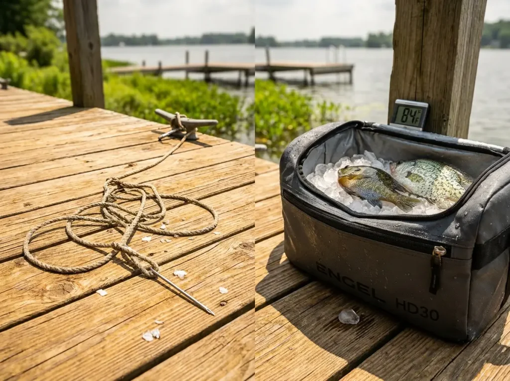 Insulated fish bag cooler on dock as alternative to stringer in warm weather