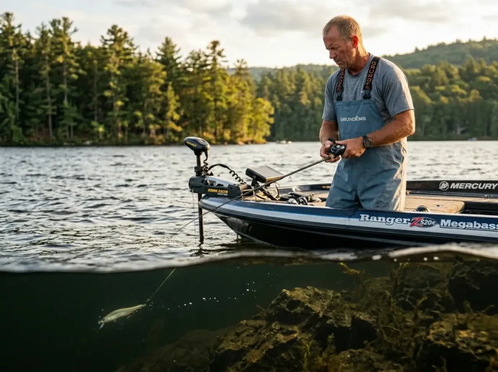 Angler working a jerkbait with pause-and-twitch retrieve over a submerged rocky point
