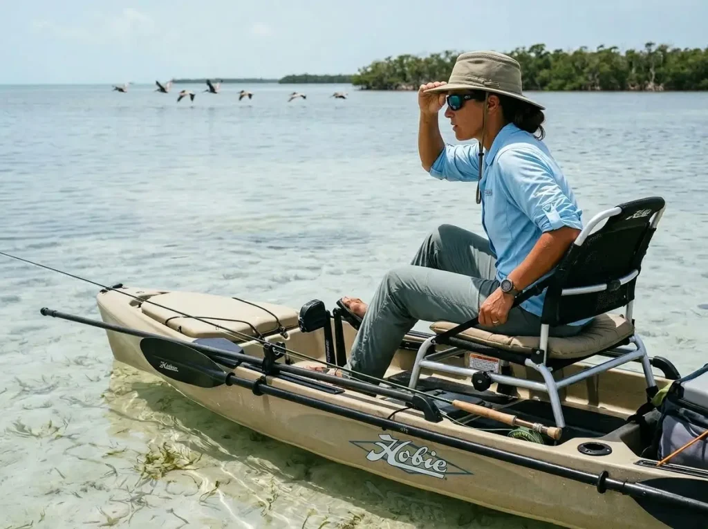 Kayak angler in elevated seat scanning shallow flats for tailing redfish