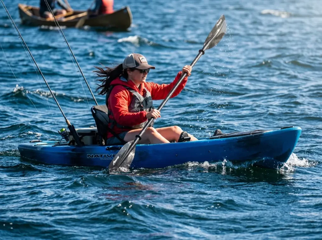 Kayak angler paddling efficiently through wind chop on an open lake