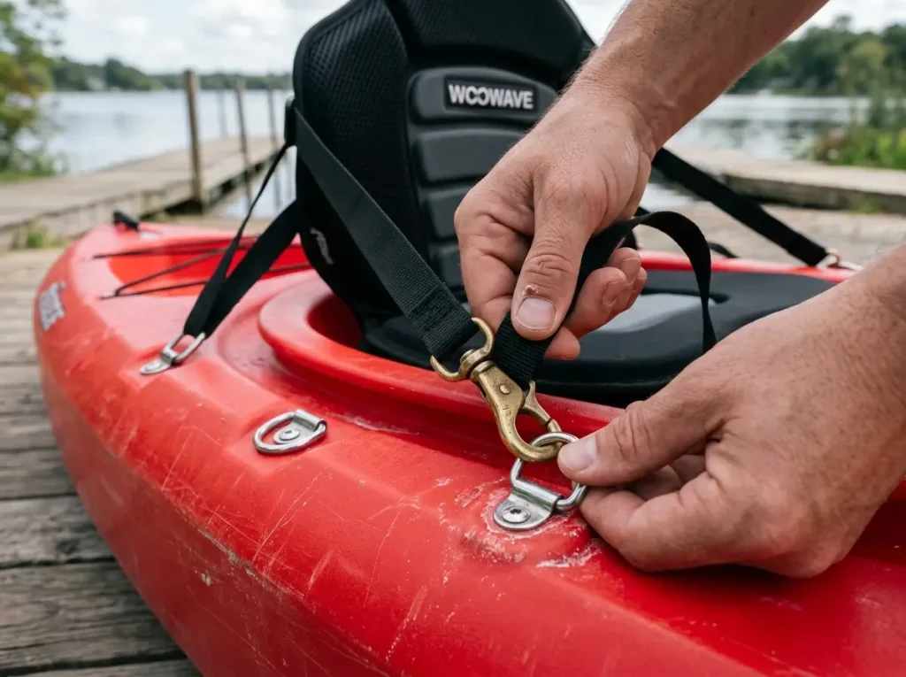 Close-up of brass clips and D-ring attachment on aftermarket kayak seat installation