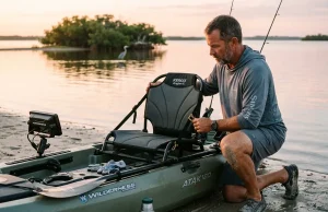 Best Kayak Seat Upgrades for All-Day Fishing Angler adjusting upgraded kayak seat with lumbar support before fishing trip
