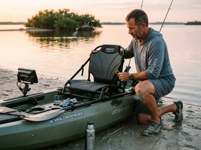 kayak-seat-upgrade-fishing-comfort-sunrise Angler adjusting upgraded kayak seat with lumbar support before fishing trip