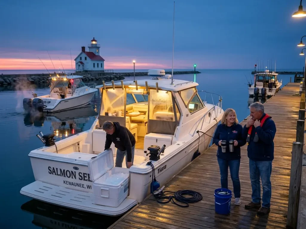 Charter boats in Kewaunee Wisconsin harbor preparing for Lake Michigan salmon trip
