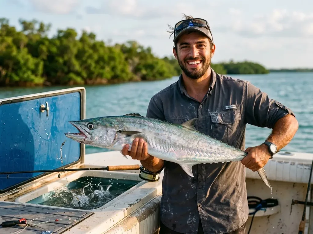King mackerel caught on live bait rig with light single strand wire leader visible at jaw