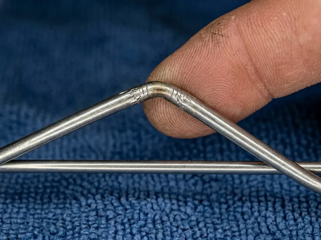 Close-up of kinked single strand fishing wire showing permanent deformation and weak point