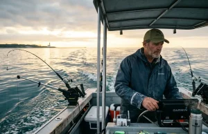 9 Lake Michigan Salmon Ports Ranked by Peak Bite Charter boat trolling for salmon on Lake Michigan at dawn near Ludington port