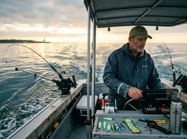 lake-michigan-salmon-fishing-charter-dawn Charter boat trolling for salmon on Lake Michigan at dawn near Ludington port