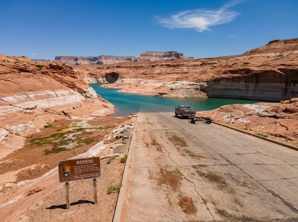 Exposed boat ramp extending above low water at Lake Powell showing dry red earth