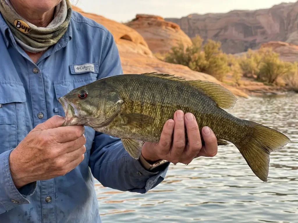 Smallmouth bass being held near the water surface at Lake Powell in spring