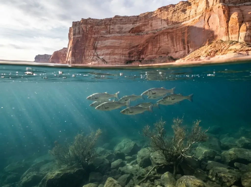 Striped bass school visible in clear Lake Powell water near a sandstone cliff