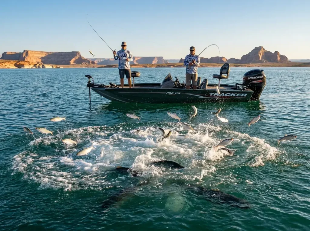 Striper boil surface explosion on Lake Powell with shad jumping clear of the water