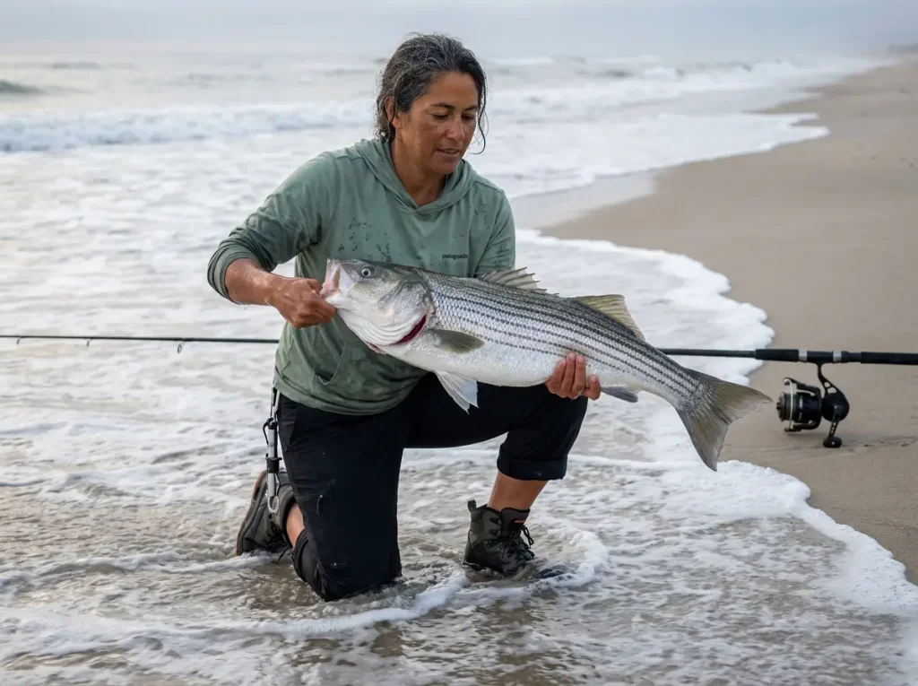 Angler sliding striped bass onto wet sand using incoming wave for safe release