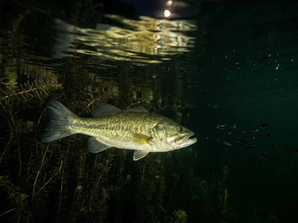 Largemouth bass cruising shallow weedline edge at night, green vegetation visible below the surface