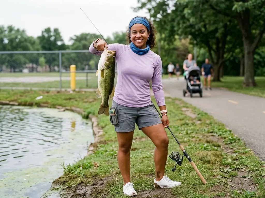 Largemouth bass held boatside at a city park pond with chain-link fence and park grass visible