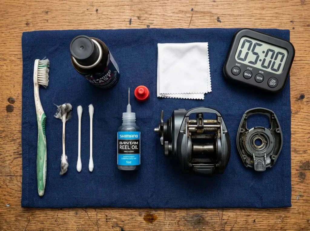 Complete level wind cleaning kit laid out with toothbrush cotton swabs oil and shop towel