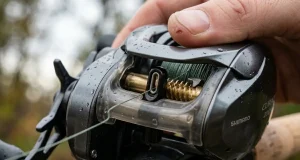 4 Level Wind Mistakes That Shorten Reel Life Baitcaster level wind mechanism close-up showing worm gear and line guide on rod