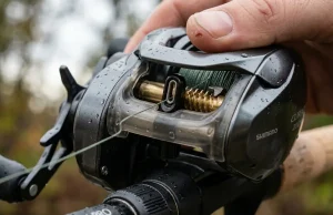 4 Level Wind Mistakes That Shorten Reel Life Baitcaster level wind mechanism close-up showing worm gear and line guide on rod