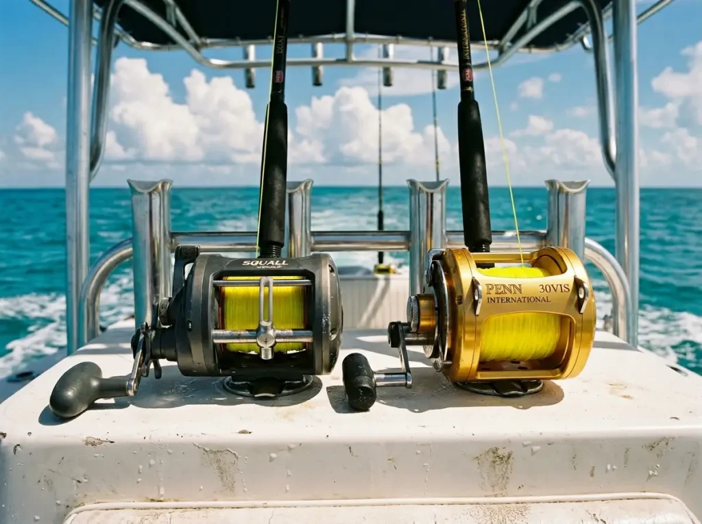 Two baitcasting reels side by side one with level wind one without on boat console