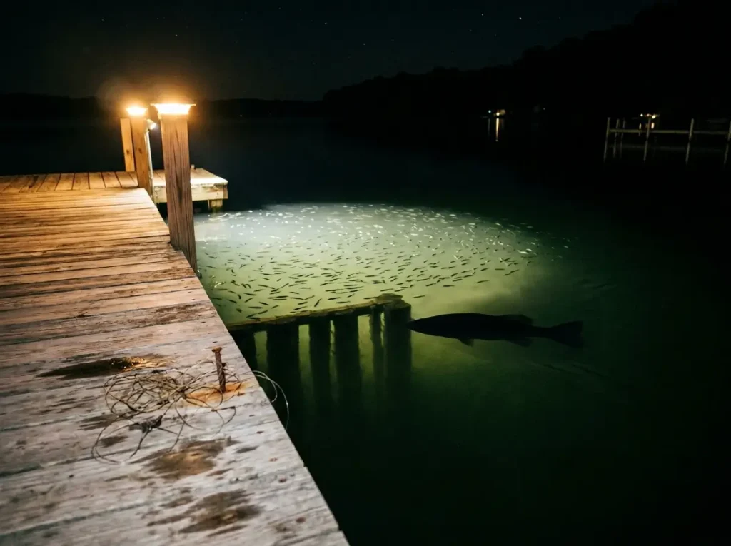 Lighted dock at night casting shadow line on dark water, prime largemouth bass ambush zone