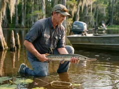 Longnose Gar Facts Habitat and Fishing Guide Longnose gar fishing guide hero shot — angler holding a 36-inch gar over backwater