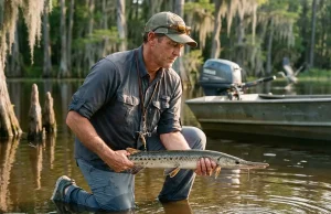 Longnose Gar Facts Habitat and Fishing Guide Longnose gar fishing guide hero shot — angler holding a 36-inch gar over backwater