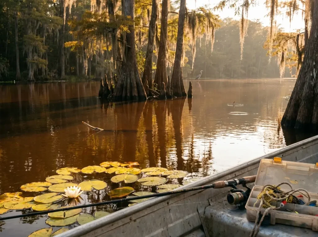 Longnose gar habitat — slow tannic backwater with cypress and lily pads at golden hour