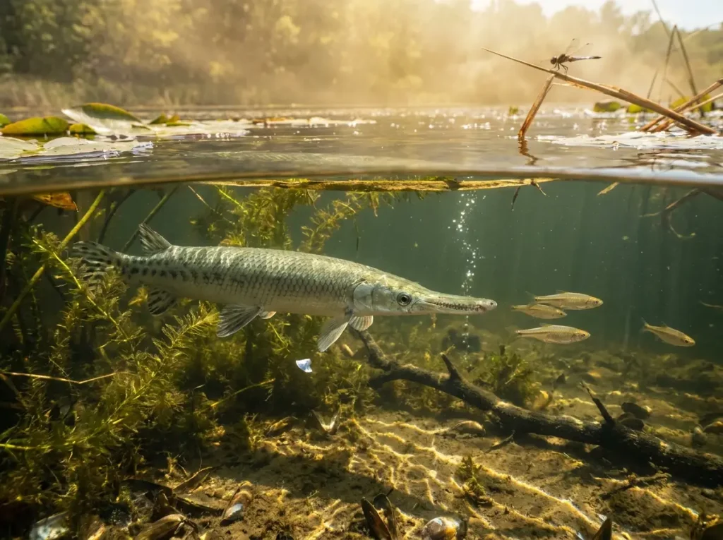 Longnose gar hunting in shallow weedy water with prey fish in sight