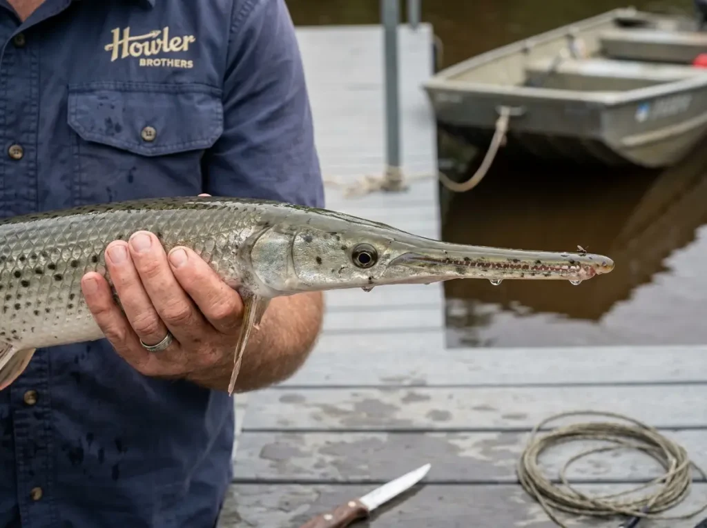 Longnose gar identification — close-up of long beak-like snout and dark spots on flank