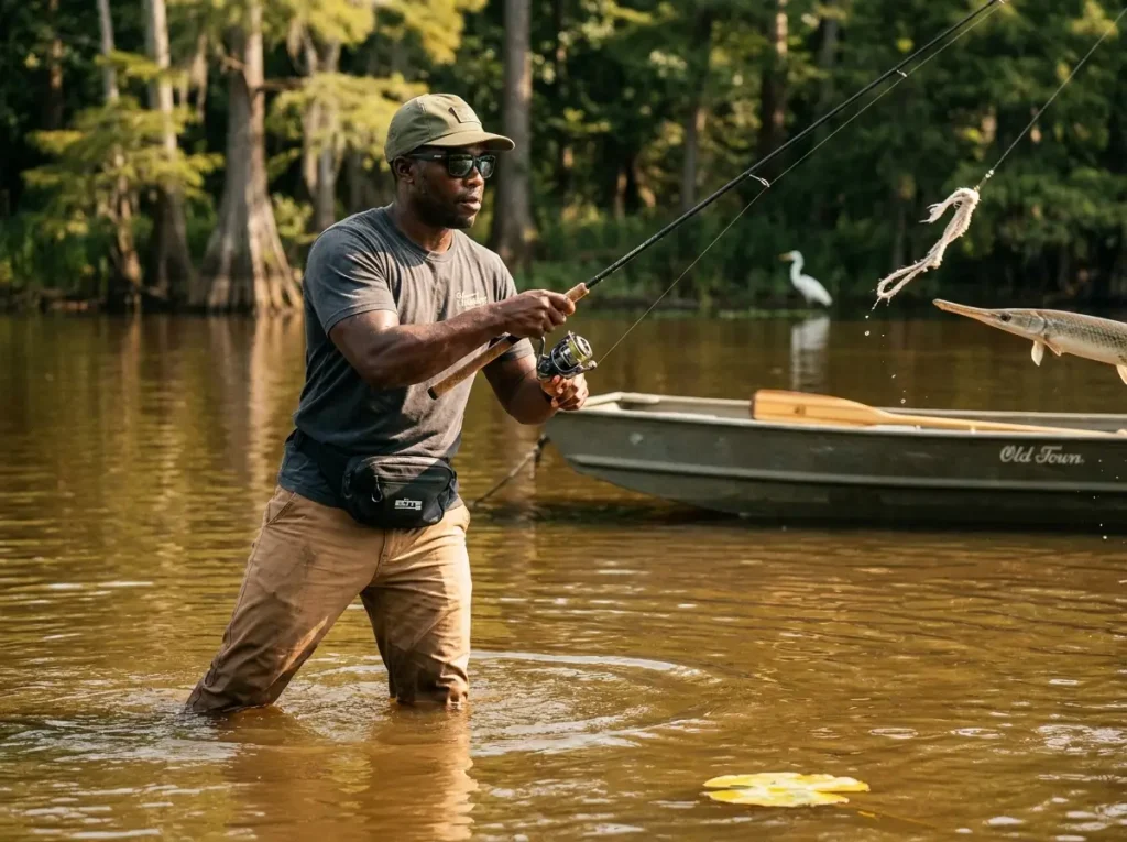 Angler casting a frayed nylon rope lure to a longnose gar tracking on the surface