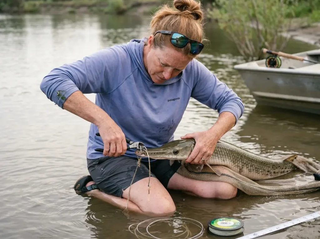Angler safely cutting tangled rope from a longnose gar's snout in shallow water