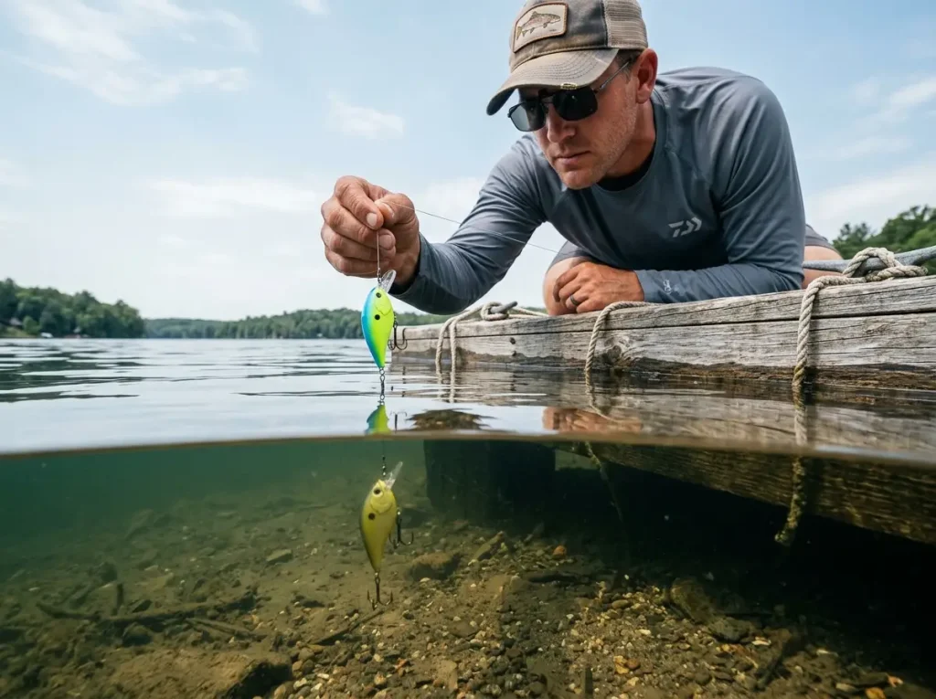 Split-frame showing same lure at two depths — surface vs. mid-column — in clear lake water