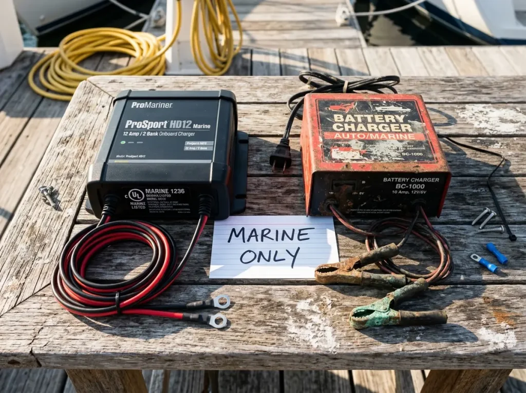 Comparison of marine UL 1236 charger versus automotive battery charger on workbench