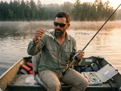 Why Most Lure Anglers Match the Hatch Wrong Angler comparing lure to live shad held in hand while reading lake surface at dawn
