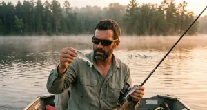Why Most Lure Anglers Match the Hatch Wrong Angler comparing lure to live shad held in hand while reading lake surface at dawn