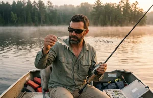 Why Most Lure Anglers Match the Hatch Wrong Angler comparing lure to live shad held in hand while reading lake surface at dawn