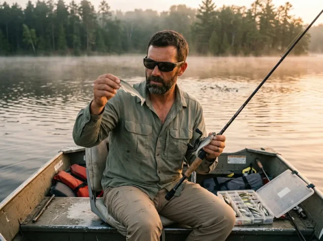 match-the-hatch-lure-anglers-forage-observation Angler comparing lure to live shad held in hand while reading lake surface at dawn