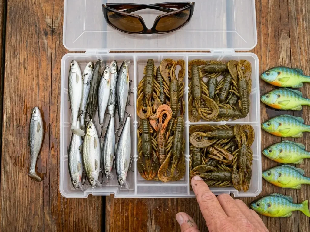 Tackle box open showing shad, crawfish, and bluegill pattern lures organized by forage type