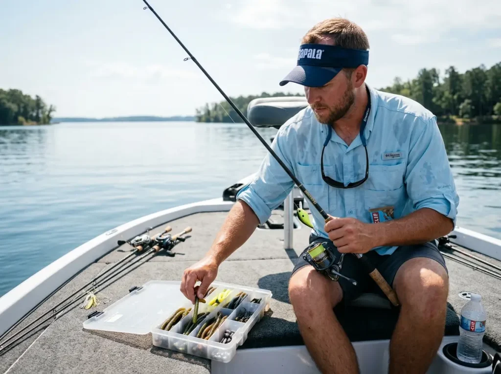 Angler switching lures and changing strategy on a lake mid-day