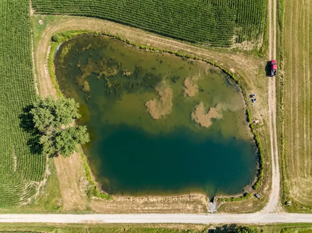 Aerial view of a small Midwest farm pond surrounded by farmland showing shallow carp fishing habitat