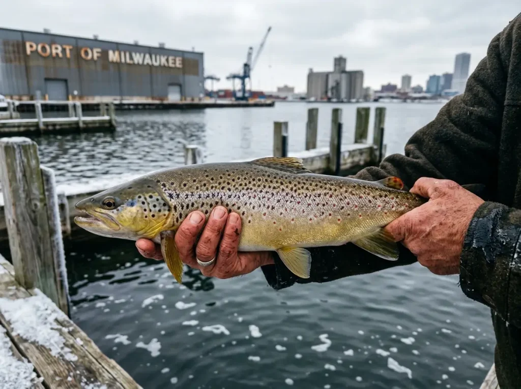Brown trout being released back into Milwaukee harbor with city waterfront visible in background