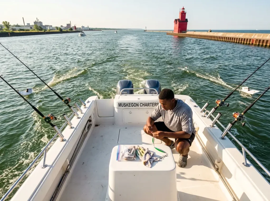 Trolling rods set in holders on charter boat with Muskegon Michigan channel in background