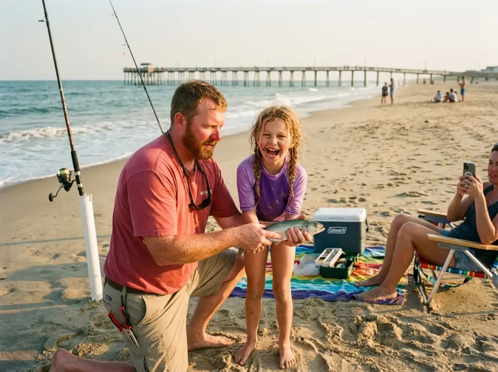 Family surf fishing at Nags Head beach with pier visible in background and sand spike rods