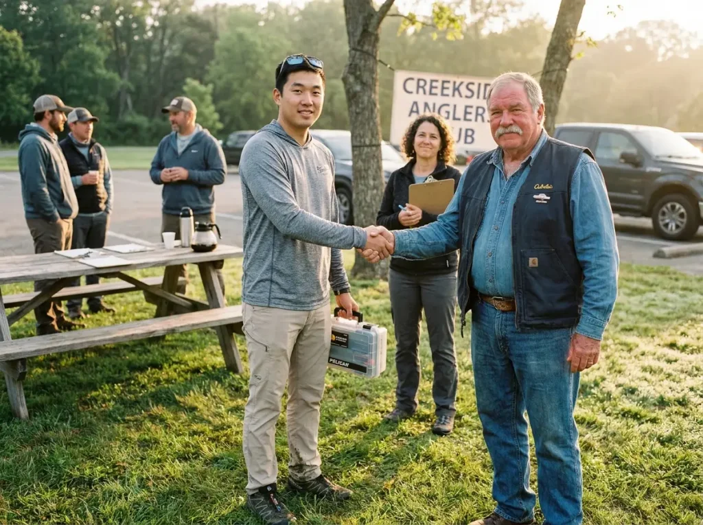 New angler shaking hands with veteran club members at a riverside meeting before joining.