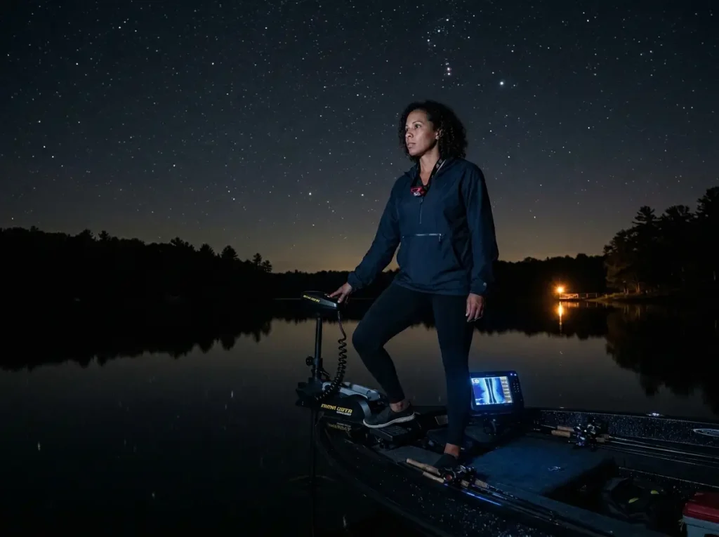 Bass angler quietly easing into position on a dark lake at night, trolling motor at lowest setting