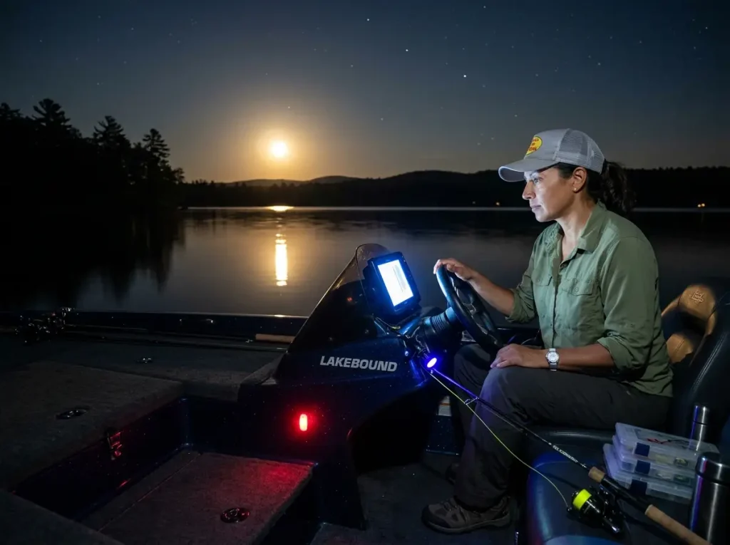 Bass angler checking conditions on a calm summer night, full moon reflecting on still lake water