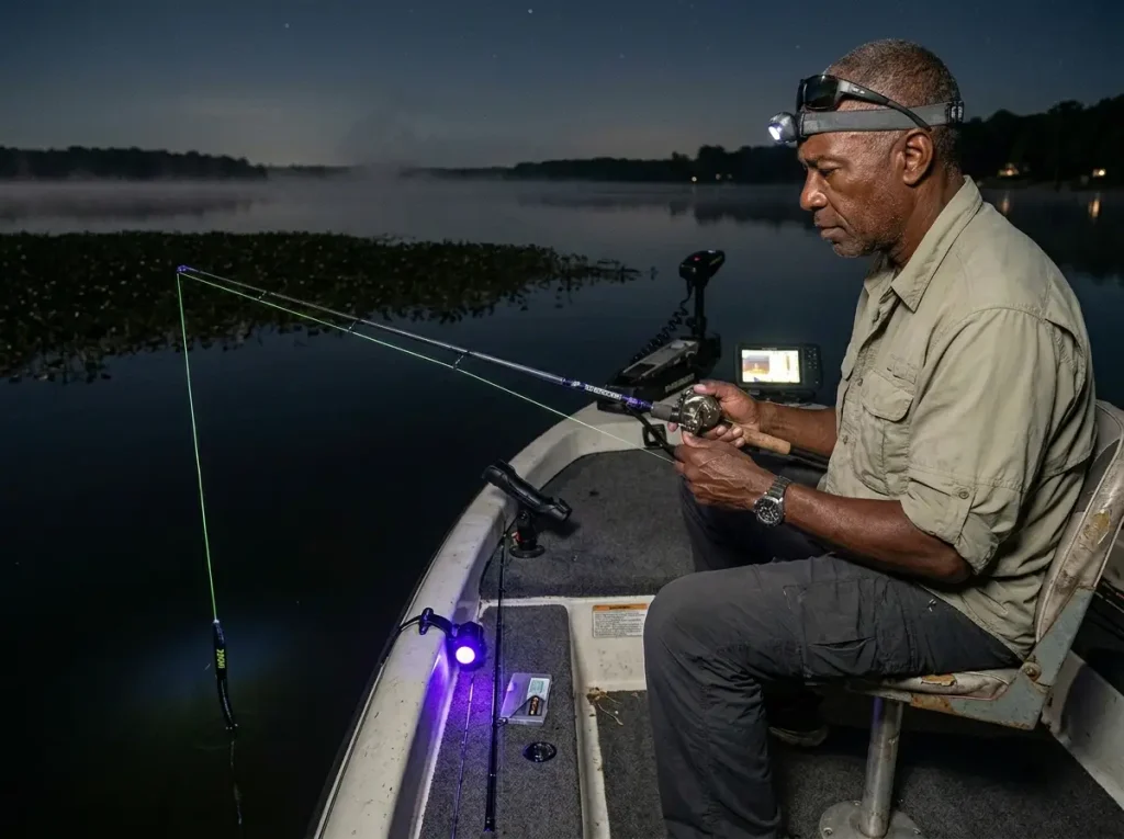 Angler slow-rolling a worm along a night weedline, ultra-slow retrieve for largemouth bass