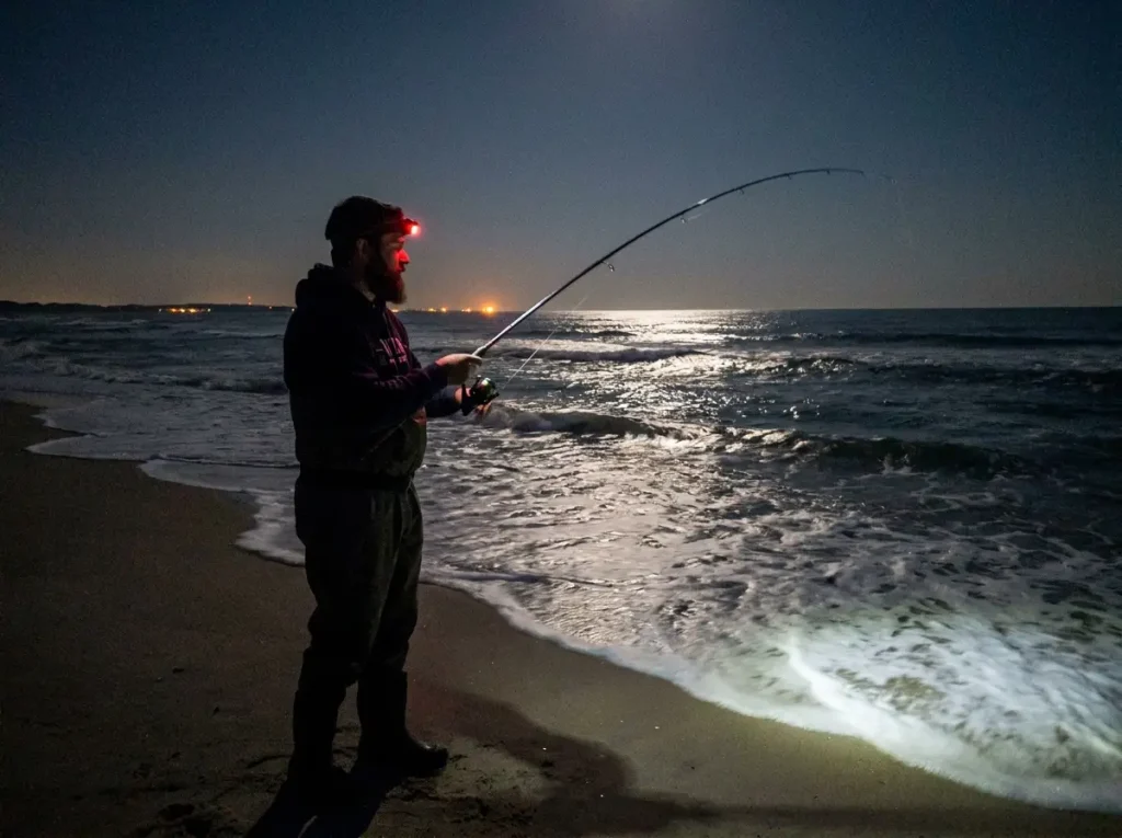 Surf angler fishing at night with red headlamp under moonlit sky