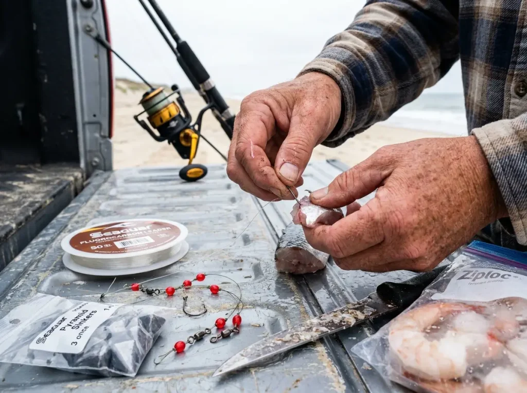 Close-up of surf fishing rig setup with cut mullet bait on fish finder rig beside tackle box